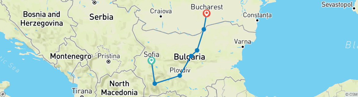 Map of Earthwise Bulgaria tour: by train from Sofia to Bucharest