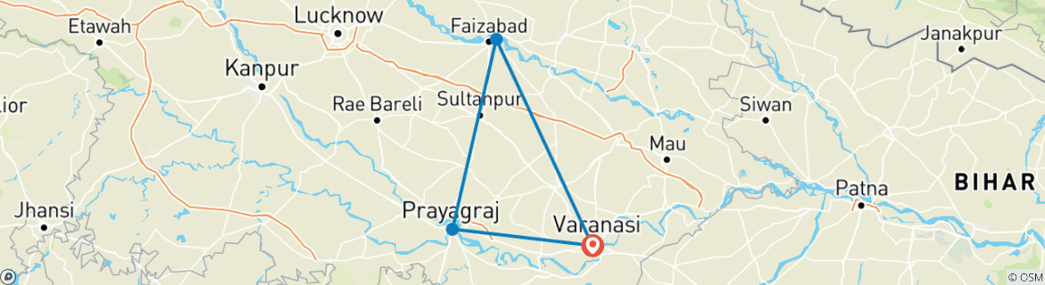 Image of a map showing the route of the tour