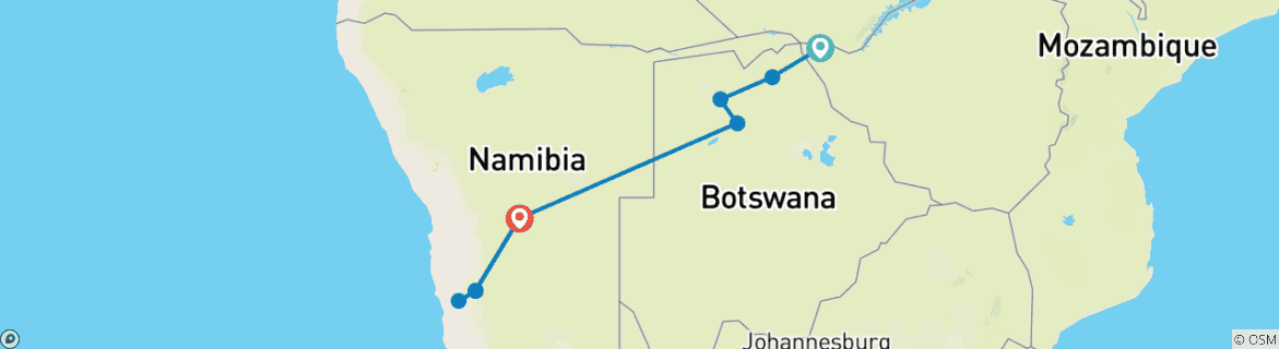 Image of a map showing the route of the tour