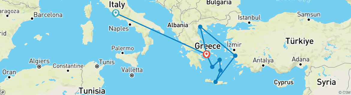 Carte du circuit 12 jours à Rome et croisière vers les îles grecques et la côte turque