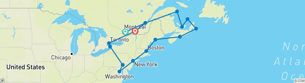 Carte du circuit Exploration de l'est du Canada et des États-Unis avec les contrastes du Canada et du fleuve Saint-Laurent