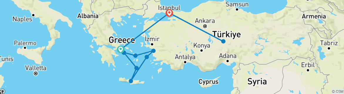 Carte du circuit 10 jours à Athènes, croisière vers les îles grecques et la Riviera turque au départ d'Athènes, d'Istanbul et de la Cappadoce.