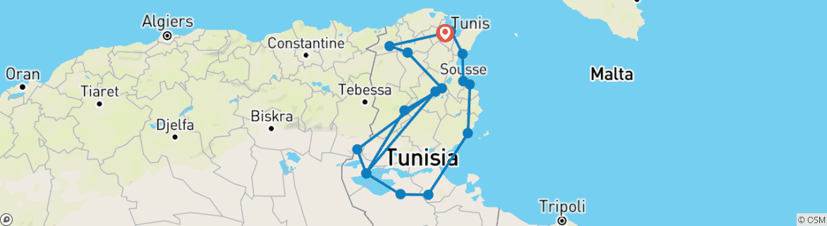 Carte du circuit Tunisie : Routes de l'histoire et des oasis en 8 jours