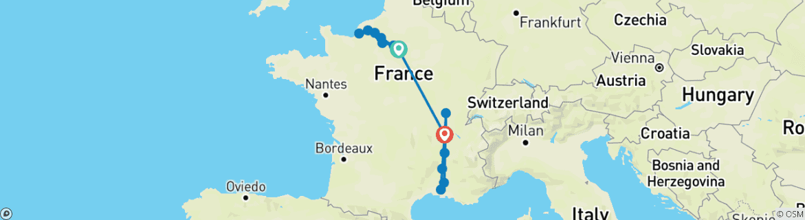 Carte du circuit Les joyaux de la Seine et du Sud de la France 2025