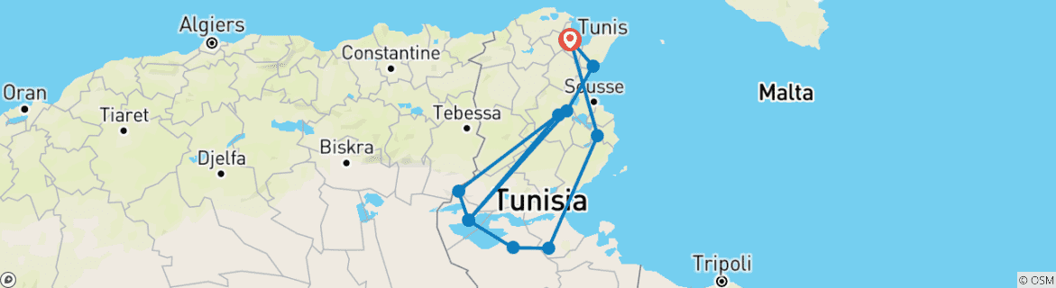 Image of a map showing the route of the tour