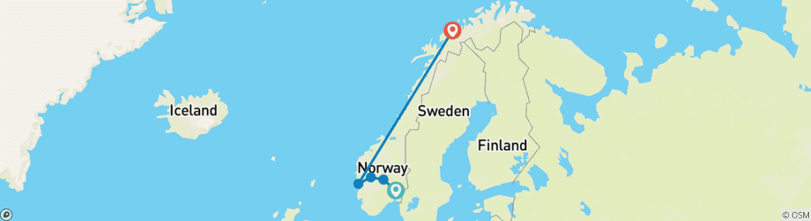 Carte du circuit Escapade dans les Fjords norvégiens avec aurores boréales (from Oslo to Tromso)