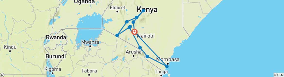 Carte du circuit 22 jours de safari au Kenya avec Diani Beach 2025