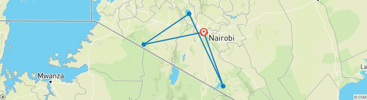 Mapa de Kenia salvaje: Nairobi, Maasai Mara, Amboseli y Lago Naivasha