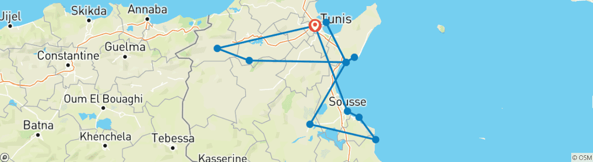 Carte du circuit Trésors culturels de la Tunisie en 8 jours