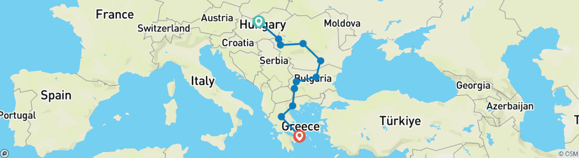 Mapa de PRIVADO - 9 días de Budapest a Atenas Exploraciones por Europa del Este
