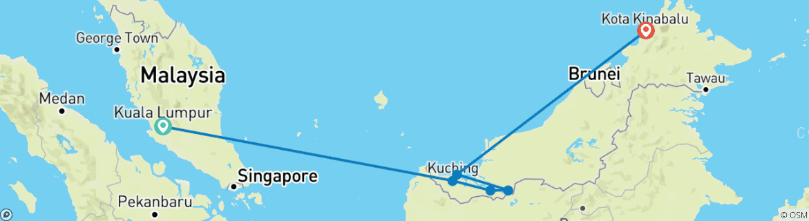 Mapa de 15 días Malasia, isla de Borneo: parques nacionales y cazarrecompensas