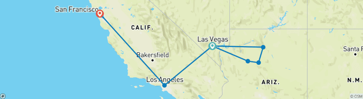 Map of 7-Day USA West Coast Adventure: Las Vegas, Route 66, The Grand Canyon, LA & San Francisco