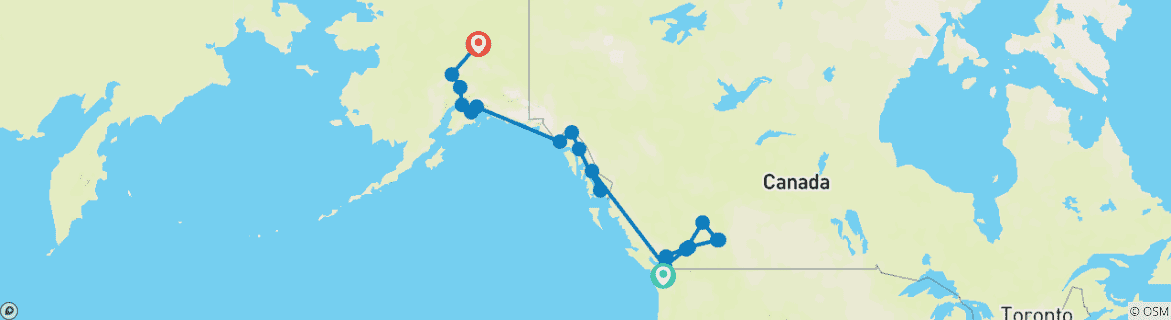 Mapa de Las Rocosas con Alaska por mar y tierra Victoria → Fairbanks (2026)