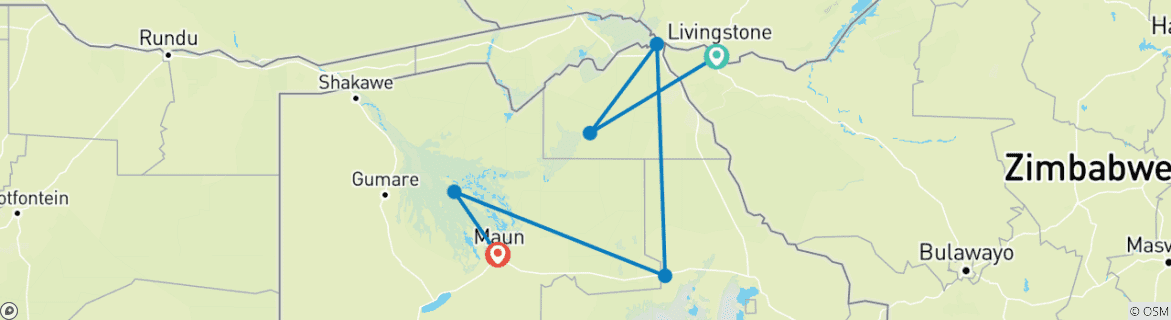 Image of a map showing the route of the tour