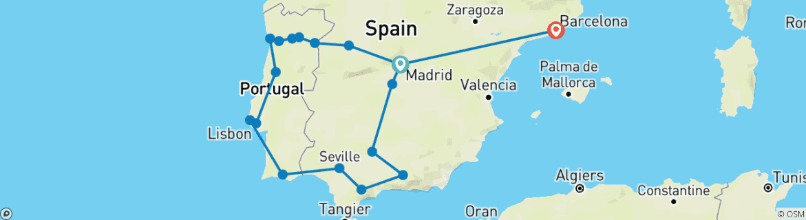 Kaart van Spanje en Portugal met Douro riviercruise Madrid → Barcelona (2026)