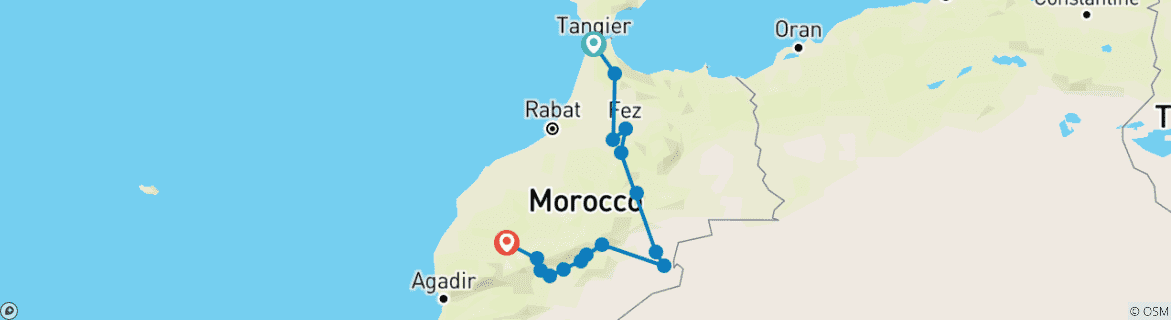 Image of a map showing the route of the tour