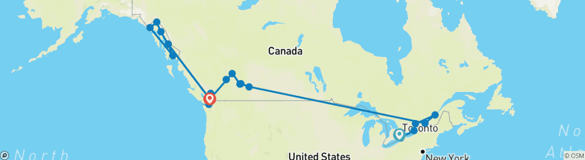 Mapa de Lo más destacado del este y oeste de Canadá con crucero por Alaska Toronto → Vancouver (2026)