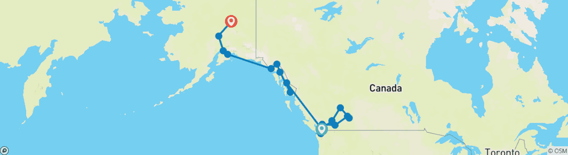 Mapa de Aventura en las Rocosas y Alaska Vancouver → Fairbanks (2026)