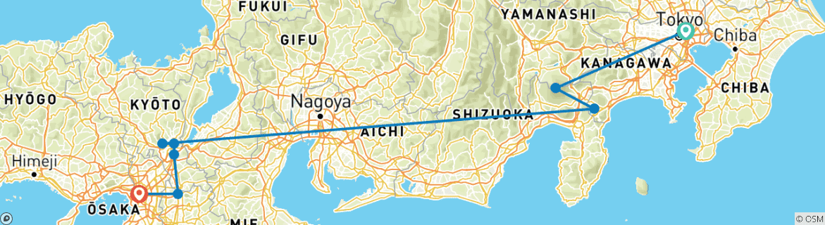 Image of a map showing the route of the tour