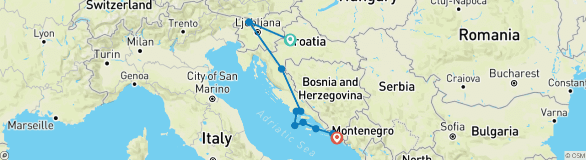 Mapa de Croatia Express con crucero por el Adriático de Split a Dubrovnik