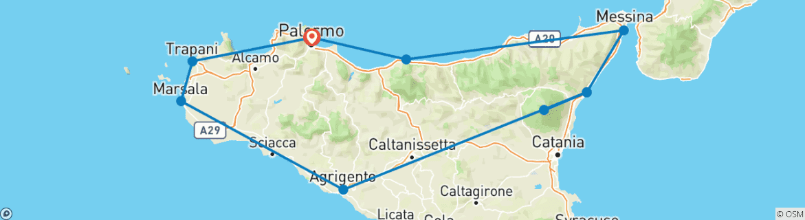 Image of a map showing the route of the tour