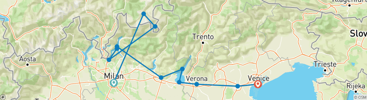 Map of Lakes, Lagoon & Mountains:  Lakes Como, Garda, Bernina train & Venice. Small Group Tour