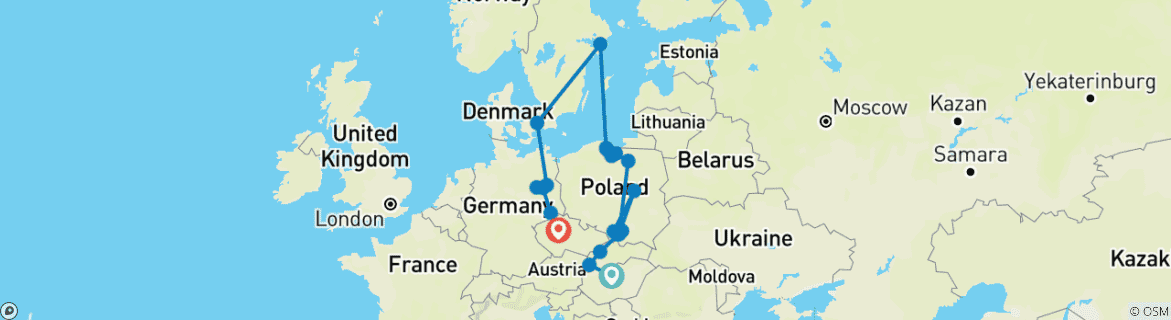 Kaart van Hongarije, Polen en Scandinavië Einde Praag