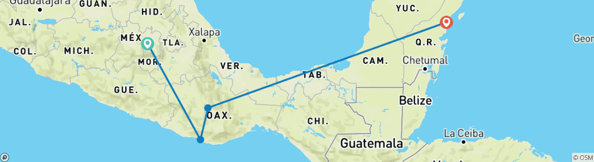 Carte du circuit Aventure de 10 jours au Mexique : Mexico, Puerto Escondido, Oaxaca, Hierve el Agua, Chichén Itzá et Tulum