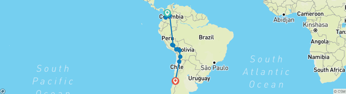 Carte du circuit Circuit de 21 jours en Colombie, au Pérou, en Bolivie et au Chili avec visite du Chemin de l'Inca et des plaines salées de Bolivie