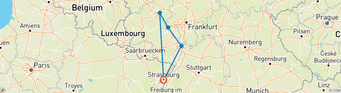 Image of a map showing the route of the tour