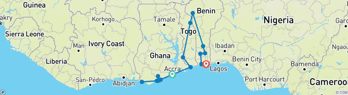 Image of a map showing the route of the tour