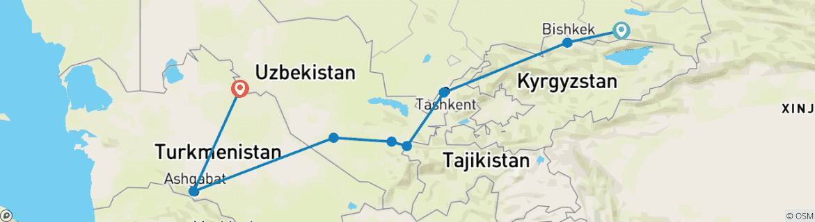 Map of 5 Stans Adventure – Turkmenistan Uzbekistan Tajikistan Kyrgyzstan Kazakhstan