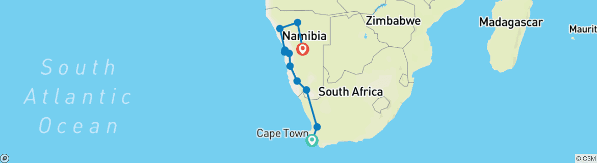 Mapa de Sudáfrica y Namibia: Aventura por carretera en una tienda de campaña en la azotea (11 destinations)