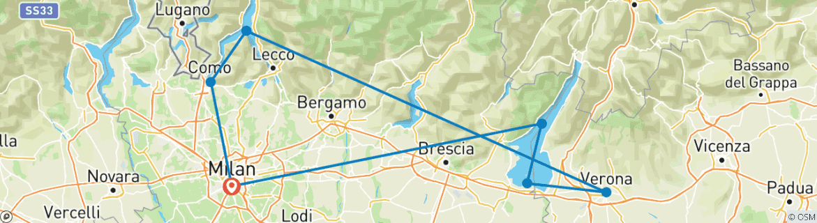 Image of a map showing the route of the tour