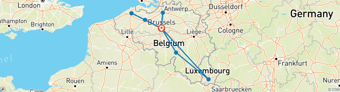 Carte du circuit 7 jours à Bruxelles avec Anvers, la Bataille des Ardennes, le Champ de Flandre, Gand, Bruges, Luxembourg et Dinant