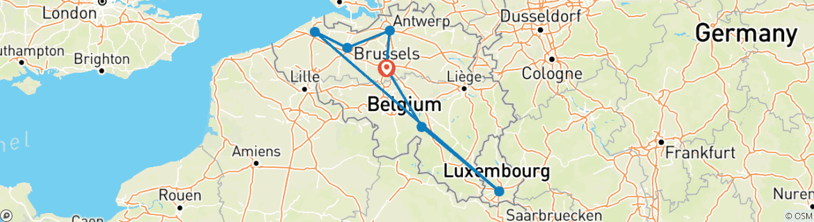 Carte du circuit 7 jours à Bruxelles avec Anvers, la Bataille des Ardennes, le Champ de Flandre, Gand, Bruges, Luxembourg et Dinant