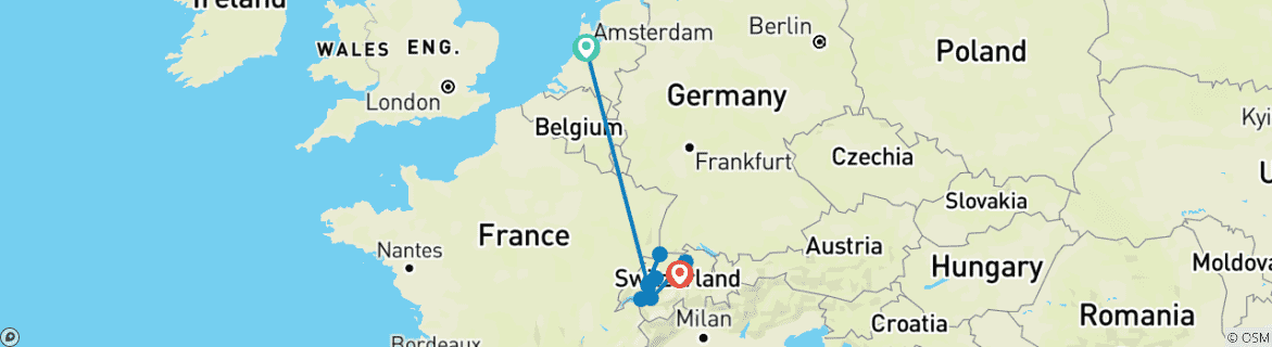 Carte du circuit Marchés de Noël du Rhin avec la Suisse 2026|2027 - 12 jours (from Amsterdam to Lucerne)