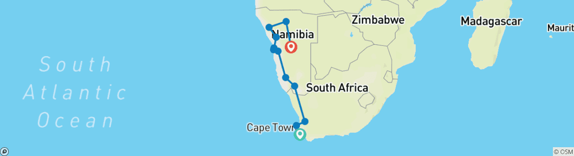 Carte du circuit Afrique du Sud et Namibie : road trip dans le désert à la rencontre des Big Five