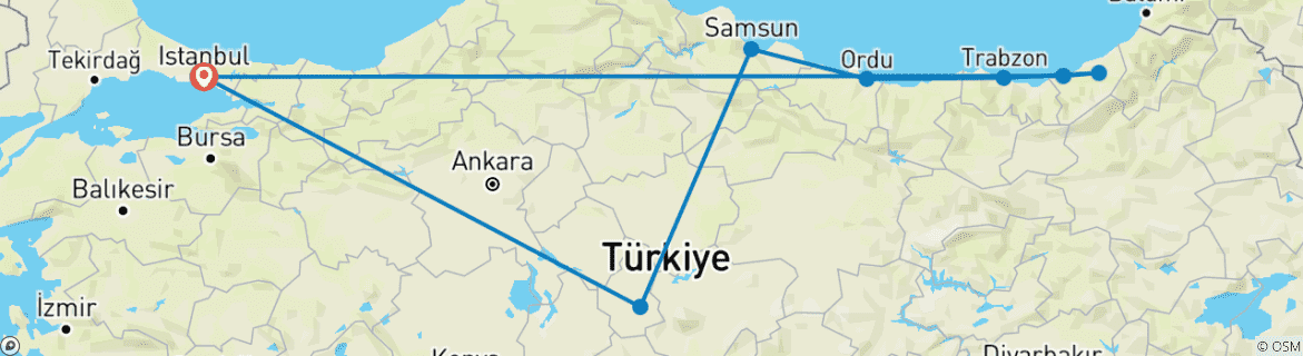 Image of a map showing the route of the tour