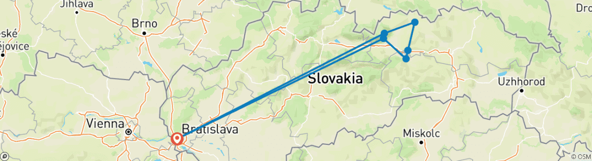Image of a map showing the route of the tour
