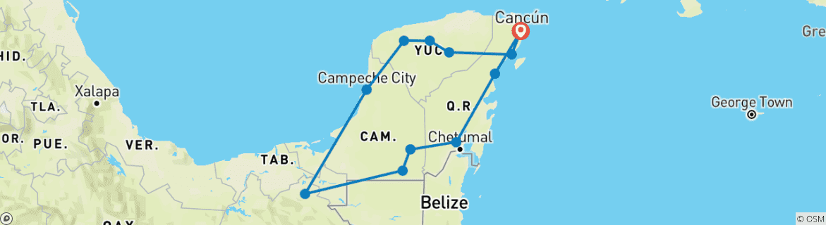 Image of a map showing the route of the tour