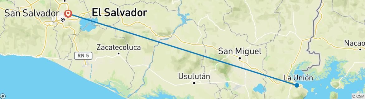 Carte du circuit 5 jours d'excursion privée en famille au Salvador, avec guide exclusif