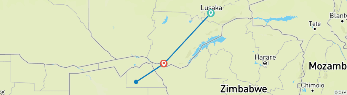 Carte du circuit 7 jours en Zambie, y compris les chutes Victoria, la journée à Chobe, le village de Mukuni et la ville de Livingstone