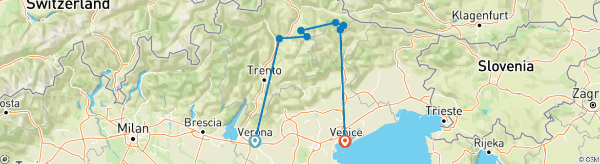 Image of a map showing the route of the tour