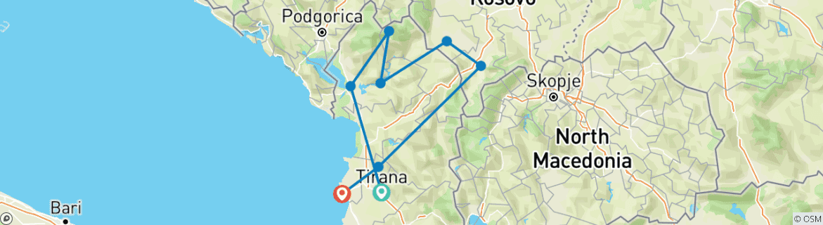 Image of a map showing the route of the tour
