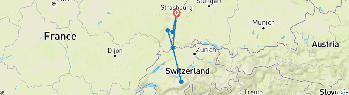 Carte du circuit Du cœur de l'Alsace aux sommets des Alpes suisses (croisière de port à port) (7 destinations)