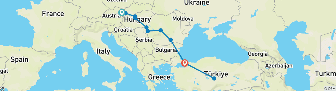 Image of a map showing the route of the tour