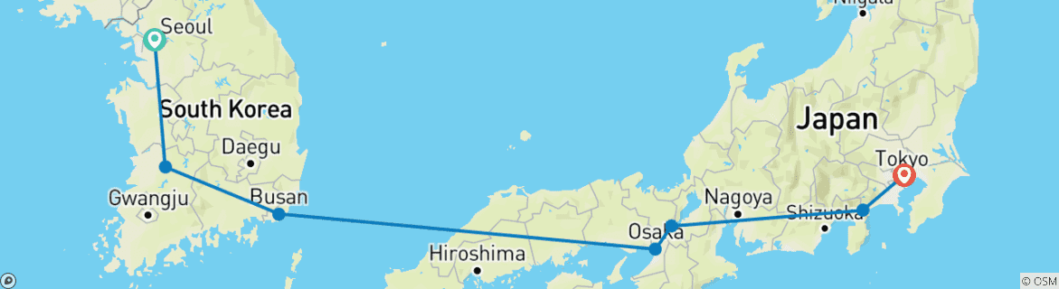 Carte du circuit Corée du Sud & Japon en train : Cityhopping au Mont Fuji (14 destinations)