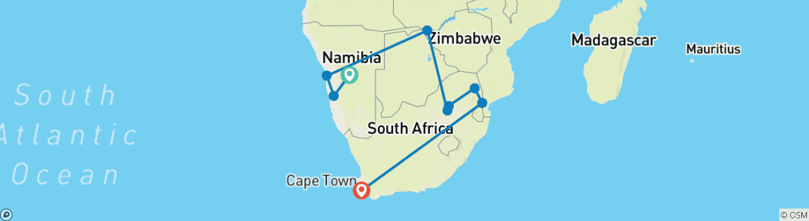 Carte du circuit Great African Roadtrip : Rêves de désert et merveilles de safari (18 destinations)