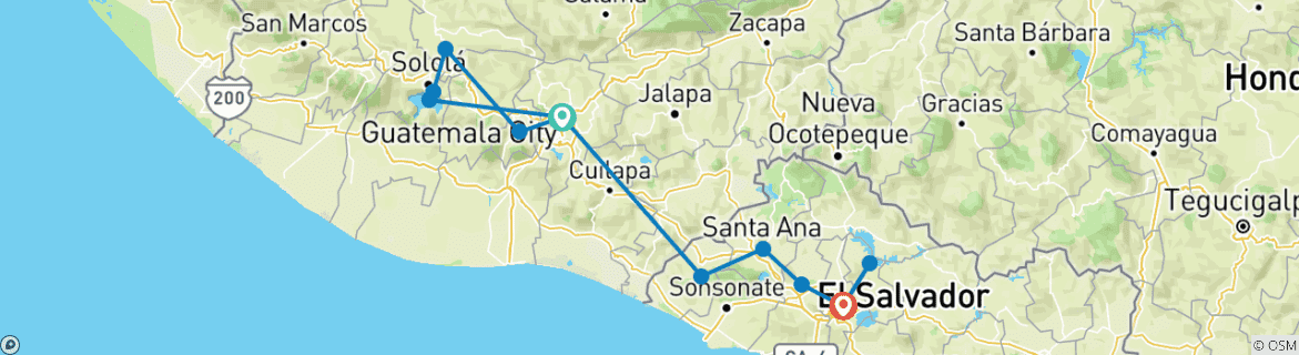 Image of a map showing the route of the tour